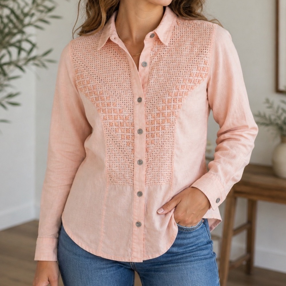 Frixio Peach Linen Hand‎ Embroidered Button Down Shirt Soft Girl Boho Scandi 8